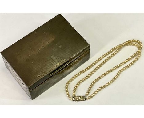 SILVER CIGARETTE BOX and a two strand simulated pearl necklace, London 1932, Maker Padgett &amp; Braham Ltd, engine turned de