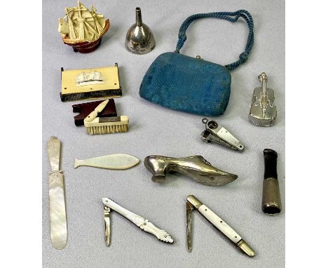 HALLMARKED SILVER, WHITE METAL &amp; VARIOUS OTHER BIJOUTTERIE ITEMS - to include a miniature Victorian silver funnel, Sheffi