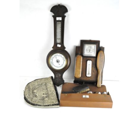 Two 20th century barometers, one of Banjo form, the other with attached hooks for brushes, together with a vintage toilet set