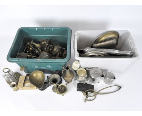 A large quantity of assorted metal ware, including a set of Salter scales, teapots, part glass cruet set on stand and more
