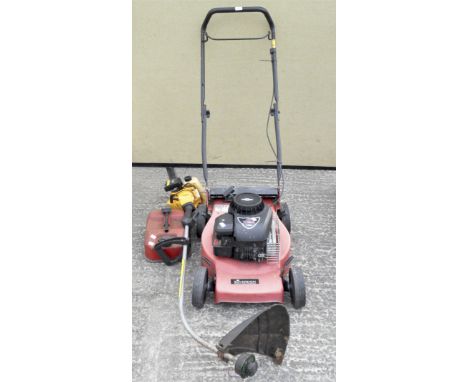 A Sovereign lawn mower with a Briggs &amp; Stratton engine, together with a McCulloch trimmer and a gas can