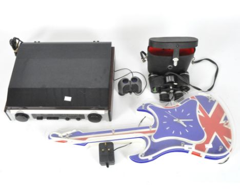 Assorted items, to include a record player, cased set of binoculars, GB flag novelty wall clock and more 