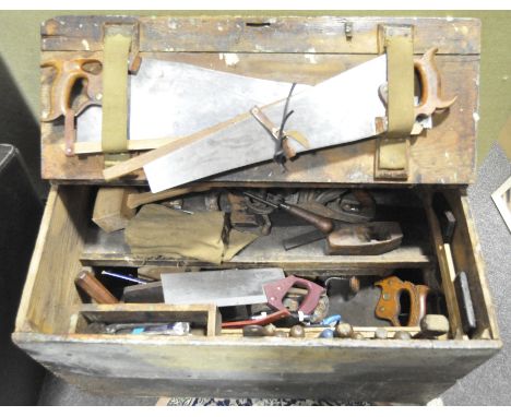 A large vintage wood workbox containing various tools including saws, drills, planes, files, and more, box 54cm x 90cm  x 51c