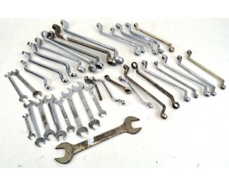 A collection of Whitworth spanners and tools, including numerous "King Dick" brand