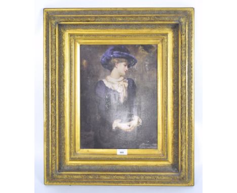 A large antique gilt picture frame, decorated with scrolling motifs and flowers, containing a print of a woman dressed in pur