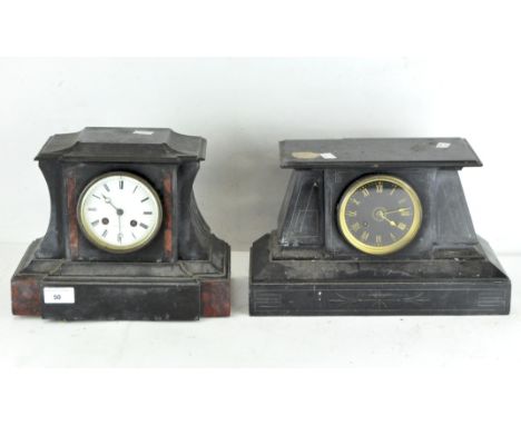 A slate mantel clock with red marble inserts, the enamel dial with Roman numerals denoting hours, marked Raingo Fres Paris, h