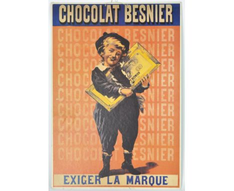 A Chocolate Besnier advert offset print on card featuring a young boy holding a large bar of chocolate, 66cm x 46cm