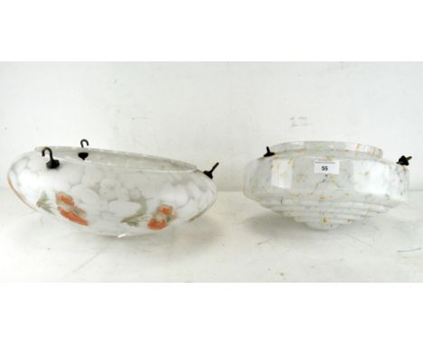 Two mid-century glass ceiling lamp shades, one being mottled glass, 29cm diameter 