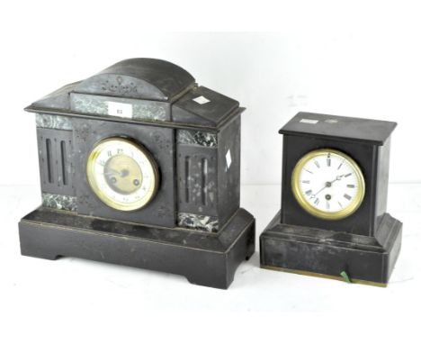 Two late 19th/early 20th century slate mantel clocks, one with blue marble inserts, the large with Arabic numerals denoting h