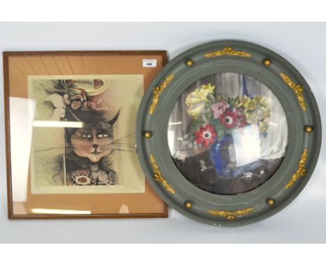 An artists proof print titled "A Cat's dream of Love and Power" by Peter Ford, framed and glazed, 48cm x 46cm, together with 