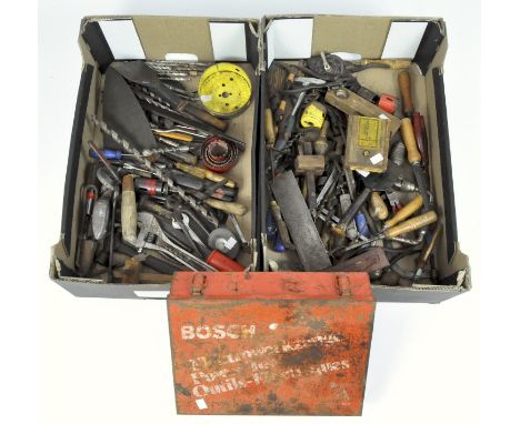 Two boxes of vintage tools and a vintage Bosch tin