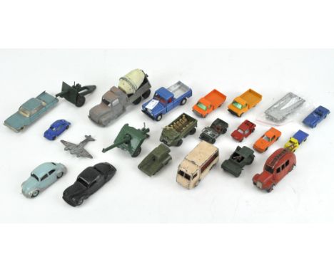 A collection of die cast model vehicles, including Dinky, Matchbox and Britains