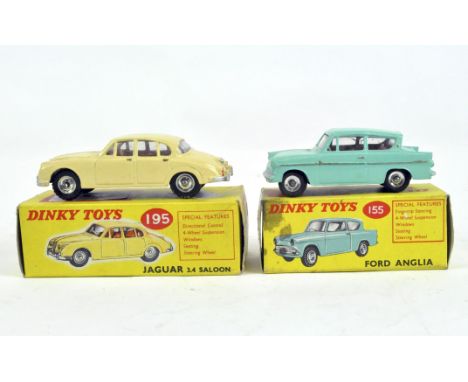 Two Dinky diecast vehicles, comprising 195 Jaguar 3.4 Saloon, cream with red interior, chrome spun hubs and 155 Ford Anglia, 