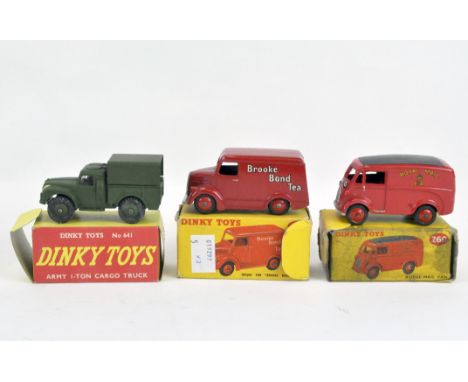 Three Dinky diecast vehicles, comprising 455 Trojan Van 'Brooke Bond Tea', 260 Royal Mail Van and a 641 Army 1-Ton Cargo Truc