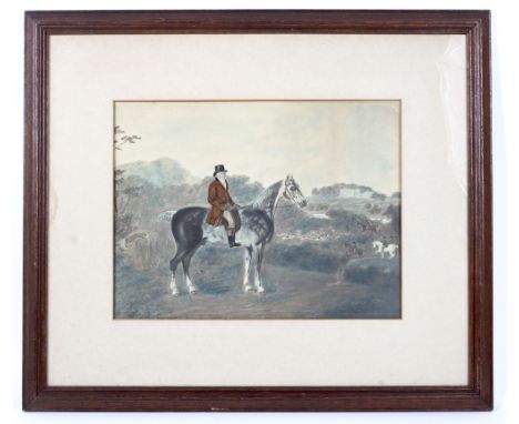A 20th century coloured print of a man seated on a horse, dressed in hunting attire with a fox hunting scene including dogs a