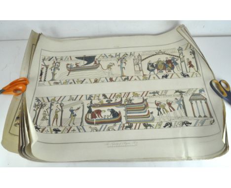 A selection of vintage posters, including copies of the Bayeux tapestry