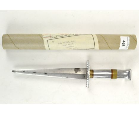 An R A O B Grand Lodge ceremonial white metal knife, inset with copper and brass to handle, 28.3cm long