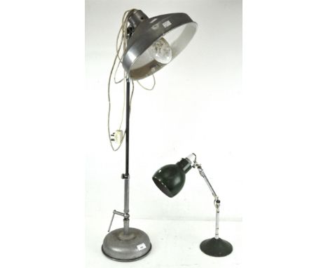 A vintage floor lamp with metal shade, together with a green enamel table lamp, adjustable, pat applied for, the largest 95cm