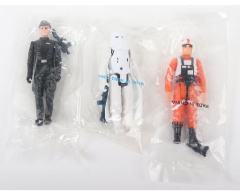 Three Star Wars Vintage original figures in baggies, Luke Skywalker X Wing Pilot, with rebel blaster in heat sealed plastic b
