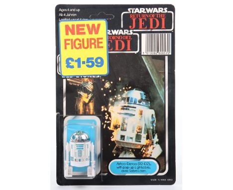 Palitoy General Mills Star Wars Return of The Jedi Tri Logo R2-D2 with green pop up light sabre, Vintage Original Carded Figu