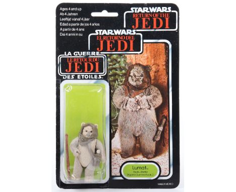 Palitoy General Mills Star Wars Return of The Jedi Tri Logo Lumat Ewok Warrior Vintage Original Carded mint Figure 3 ¾ inches