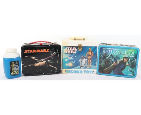 Two Star Wars Tinplate Lunchboxes, X wing and character art to side, with blue plastic Thermos flask, Return of The Jedi tinp