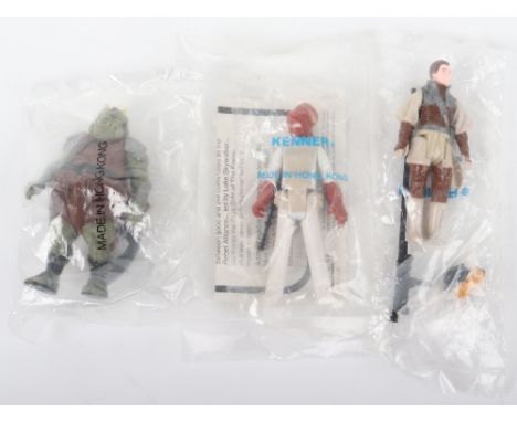 Three Star Wars Vintage original figures in baggies, Admiral Ackbar, in heat sealed Kenner plastic bag, with leaflet, Gamorre