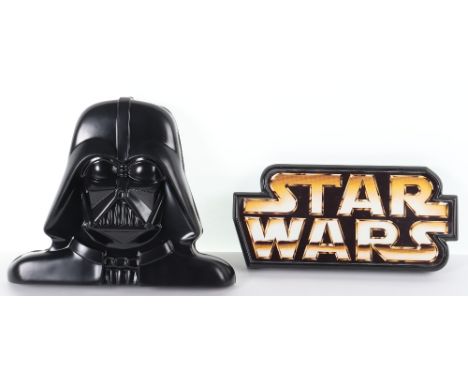 Two Vintage Star Wars Shop Display Signs, Darth Vader head, black vacuum plastic with fixing bolts 37cms x 30cms and Star War