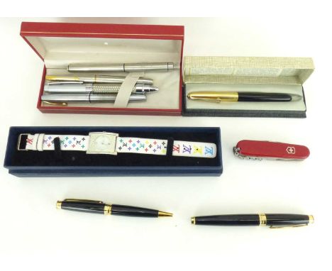 Various fountain pens to include Parker and Sheaffer examples, ballpoint pens, Swiss-style army knife and a ladies' fashion w