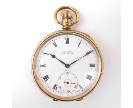 FRASER, PRESTON; a 9ct gold cased open face pocket watch, the white enamelled dial set with Roman numerals and smaller second