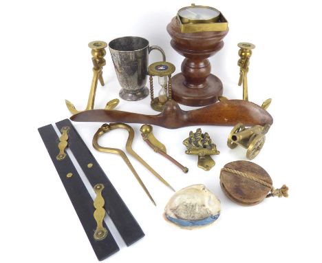 Various vintage maritime related collectibles to include an 11cm long ebony and brass parallel ruler, a brass and copper bosu
