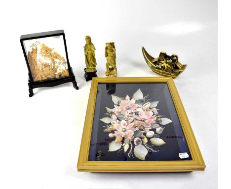 An Oriental cork sculpture of a pagoda within a garden landscape, mounted in a glazed ebonised case on stand, height 23.5cm, 