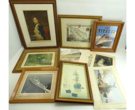 A collection of various pictures and prints, some portraits, ship-related examples, two official George V signed certificates