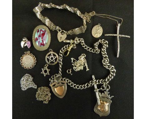 Various items of silver jewellery to include a hallmarked silver watch chain with two fobs, T-bar and swivel clasps, a silver