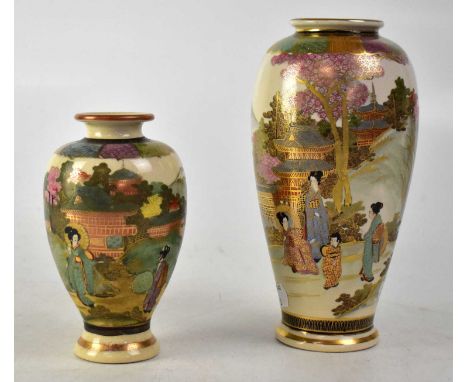 An early 20th century Satsuma baluster vase with polychrome enamel scene of pagodas among cherry blossom and prunus trees, wi
