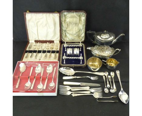 Various silver plated items to include a cased napkin and knife rest stand, a bachelor teapot, a sauce boat with repoussé dec