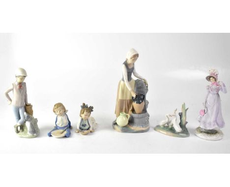 NAO; five figures comprising a young woman at a well with pitchers, boy in Edwardian dress with dog, two baby figures and a g