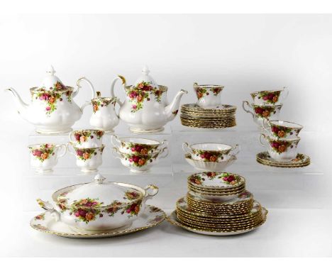 ROYAL ALBERT; a quantity of 'Old Country Roses' pattern tea and dinnerware to include two teapots, tureen, cups, saucers, ova