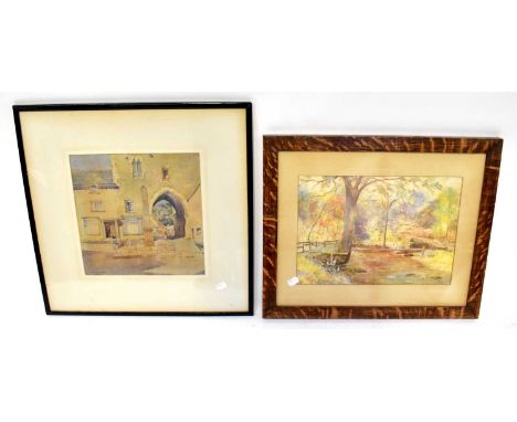 A. M. MCMILLAN; watercolour of a country town square with children playing, signed lower left, dated 1945, 31 x 31cm, framed 