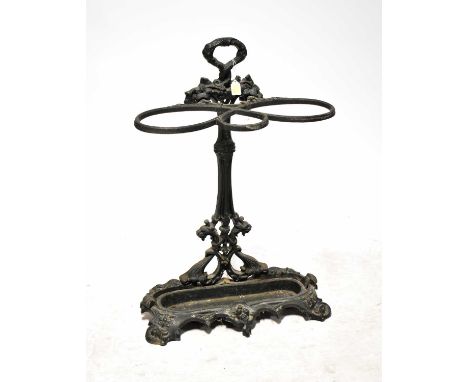 A 19th century Coalbrookdale-style stick and umbrella stand with cast Classical design featuring lion's head and entwined rop