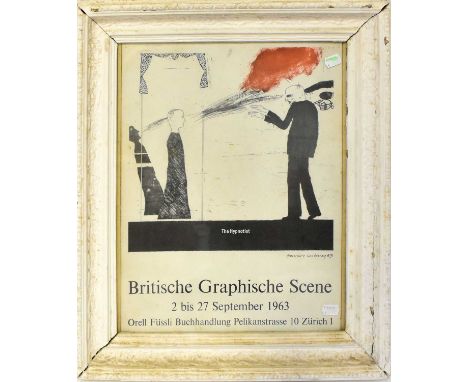An exhibition poster depicting David Hockney's print 'The Hypnotist' for the 'Britische Graphische Scene' dated 1963, framed 