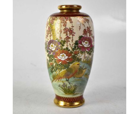 An early/mid-20th century Satsuma vase with polychrome enamel scene of flowing water, iris, peonies, with exotic bird and che