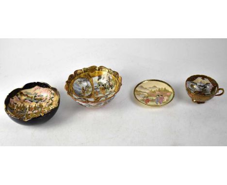 A Meiji period Satsuma bowl with figural decoration of young women, with flowing water and rocks in the foreground, pagodas i
