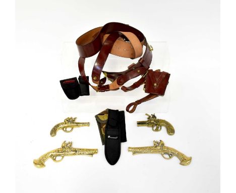 A Royal Artillery sword holster and belt, four model brass handguns, etc