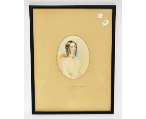 CIRCLE OF RICHARD COSWAY; watercolour, half-length portrait 'Georgiana Fifth Duchess of Devonshire', oval, framed and glazed.