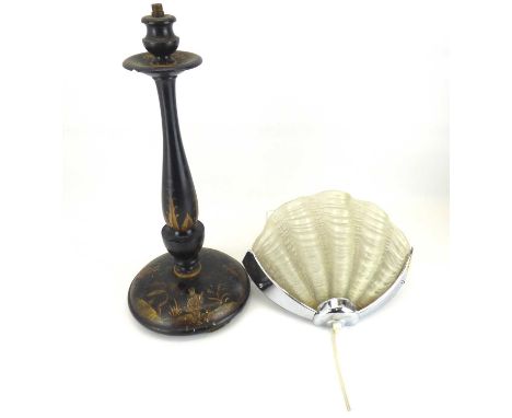An Art Deco wall lamp with frosted glass clam shade and chrome frame, height 20cm, length 27cm, together with a black lacquer