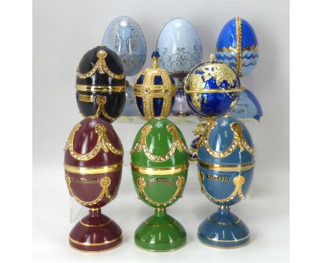 Nine modern Fabergé-style egg ornaments, mostly issued by Bradford Exchange and Bradex, comprising four railway examples, inc
