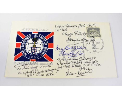 WORLD CUP 1966; a first day cover bearing the signatures of Bobby Moore, Martin Peters, Bobby Charlton, and Geoff Hurst.We ha