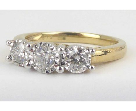 A 9ct gold three-stone diamond ring, the three claw set round brilliant cut diamonds total approx. 0.5ct, size M, approx. 3g,