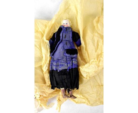 A late 19th century bisque head doll with bisque arms and wooden carved legs, stylised bisque hair, painted face, blue eyes, 